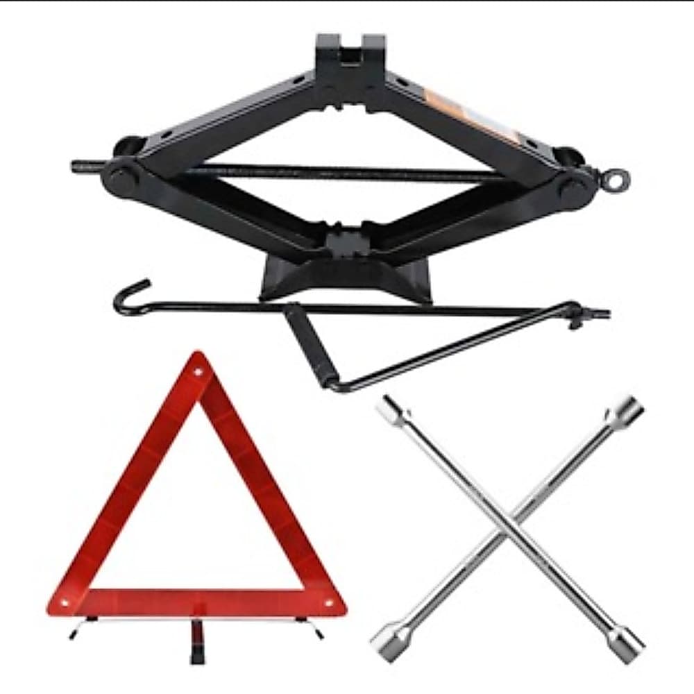 kit estepe de carro Macaco sanfona 1.5 Ton Chave de roda estrela 4 bocas + Triângulo Sinalização Segurança Carro
