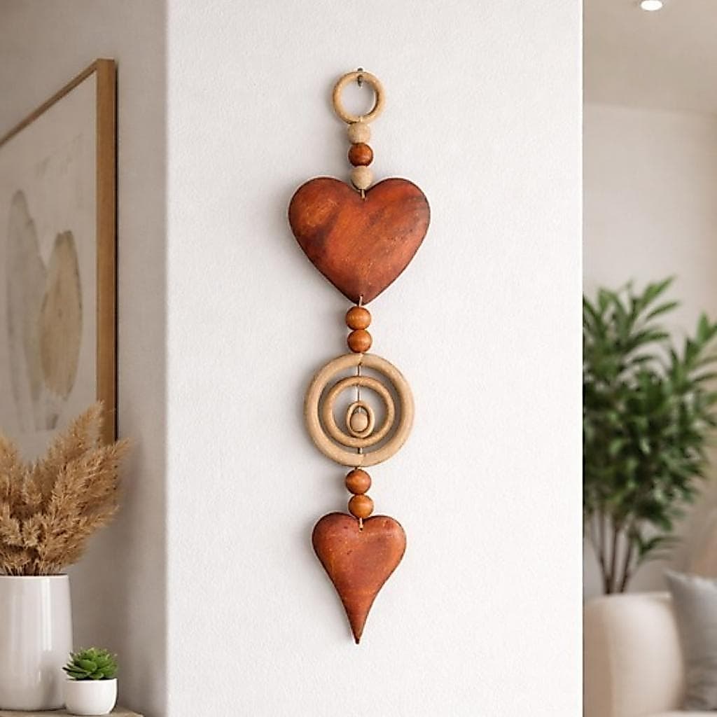 Penca de Coração Colar de Mesa Parede Decorativo Madeira Enfeite Pingente Sala Adorno Natural Rústico Argola Pendurar