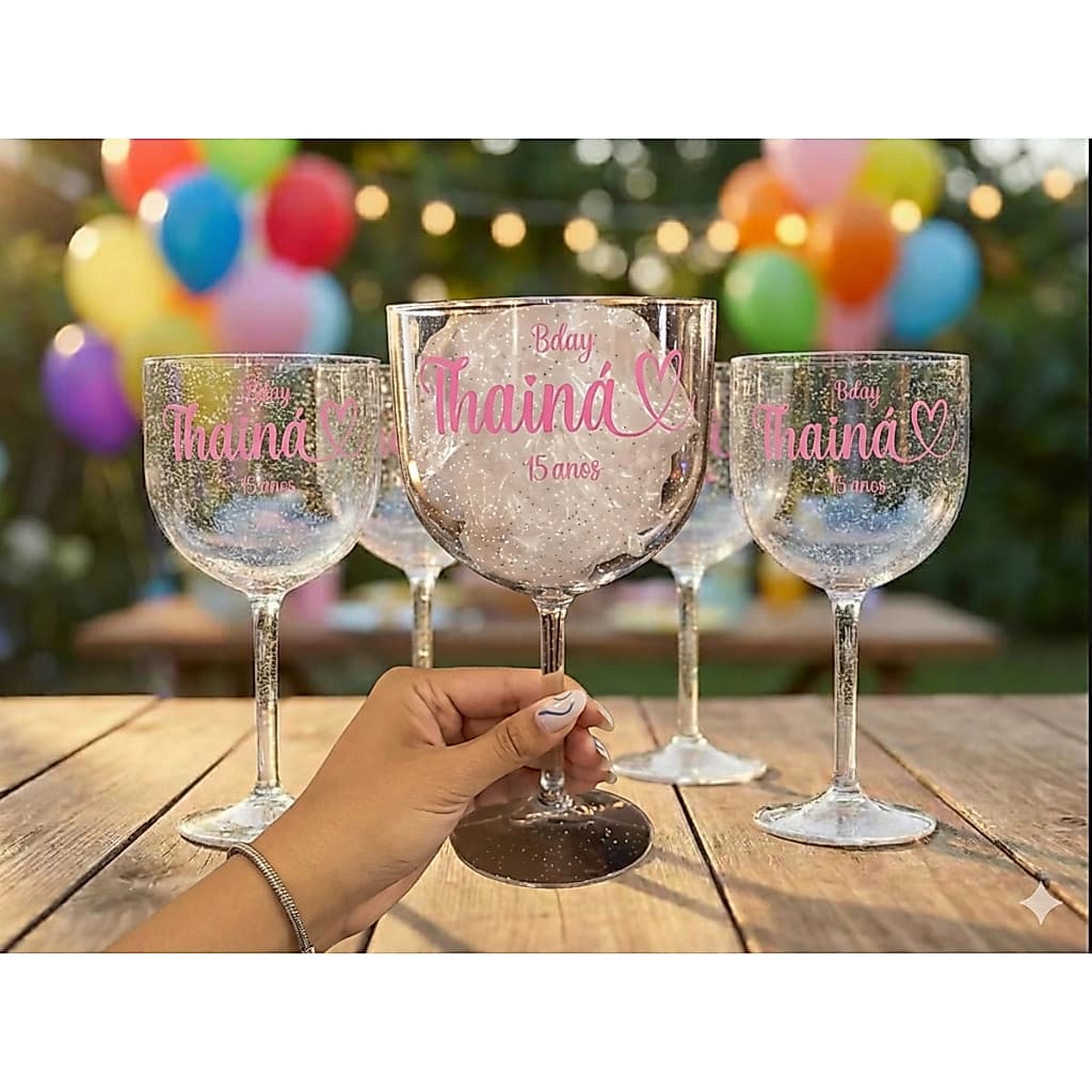 Taças de Gin 450ml acrílico com glitter personalizadas para festa, formatura e eventos