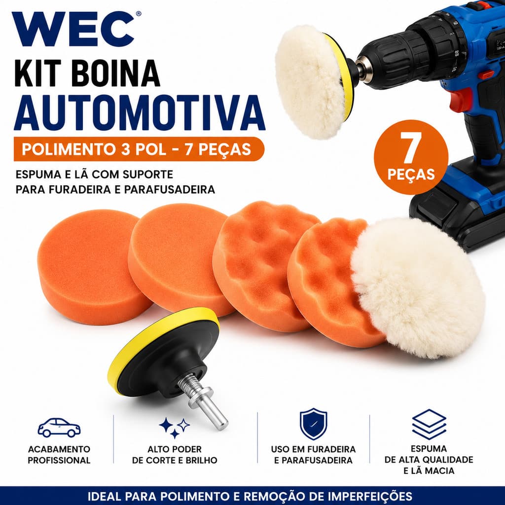 Kit Boina Automotiva Polimento 3 Pol 7 Peças Espuma e Lã Com Suporte Para Furadeira e Parafusadeira