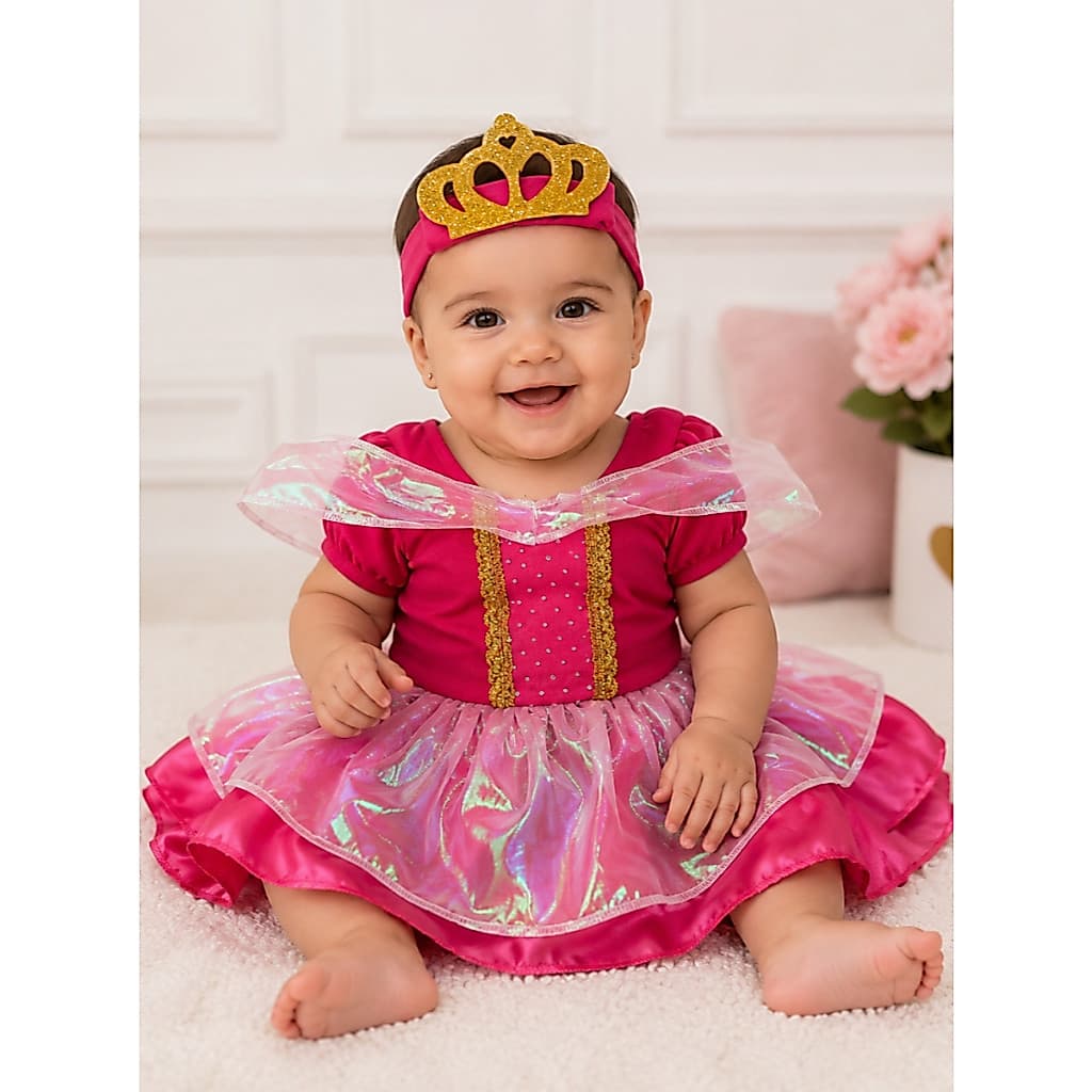 Fantasia Infantil Princesa Aurora Bela Adormecida Com Tiara Coroa Body Bebe Roupa Rosa