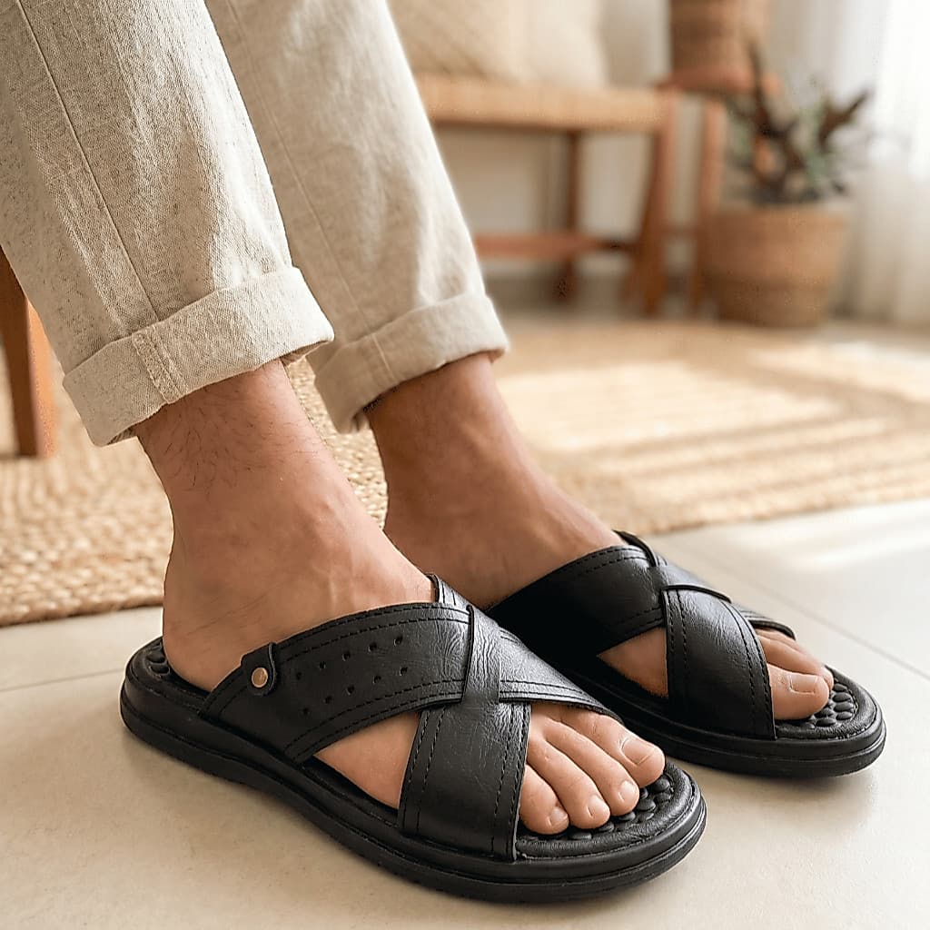 Sandália Ortopédica Masculina Antistress Palmilha Massageadora Couro Chinelo Anatômico Pé Cansado Trabalho 36 ao 46