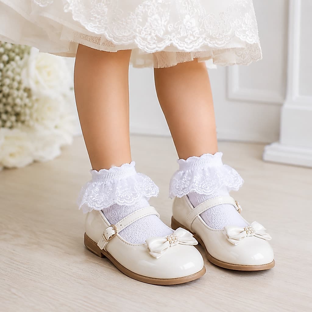 Kit 2 Pares Meia Infantil para Festa e Batizado Feminina de Renda com Babado Princesa