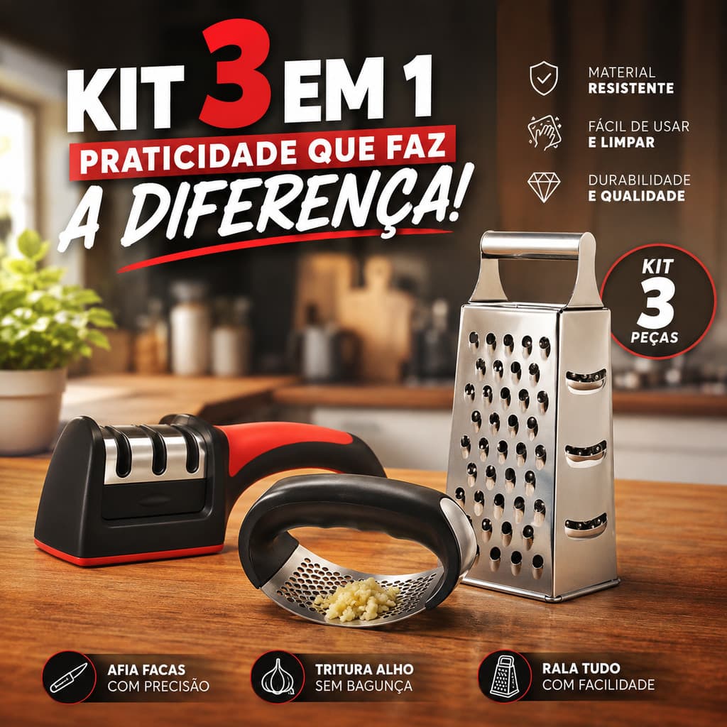 Kit Utensilios para Cozinha Amolador de Faca Triturador de Alho e Ralador de Legumes de Inox