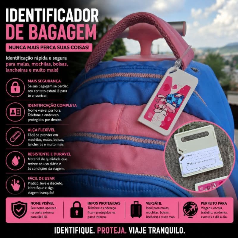 Identificador de Mala e Mochila, material plástico, acompanha alça flexível