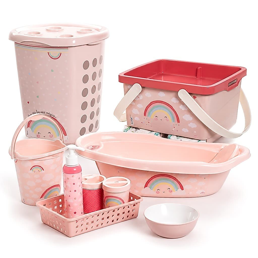 Kit Luxo Arco-Íris Para Bebê 9 Peças Banheira Cesto 38L Balde 8L Caixa Higiene - Plasútil