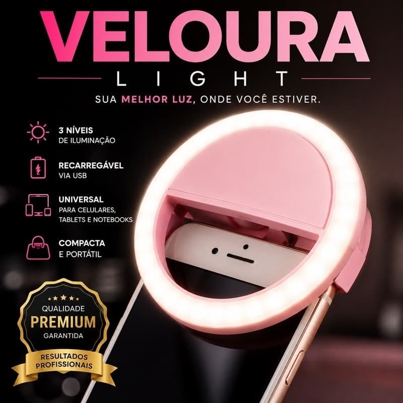 Veloura Light — Mini Ring Light Clip LED para Celular e Notebook Iluminador Selfie Recarregável USB