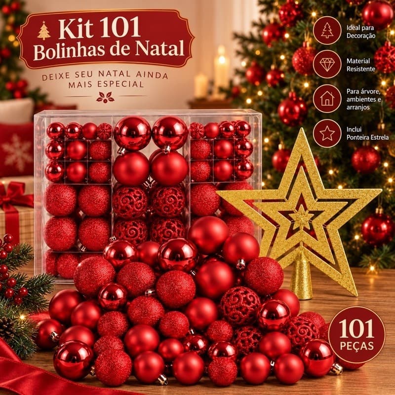 Kit 100 Bola + Brinde Estrela Enfeite Árvore Natal Decoração