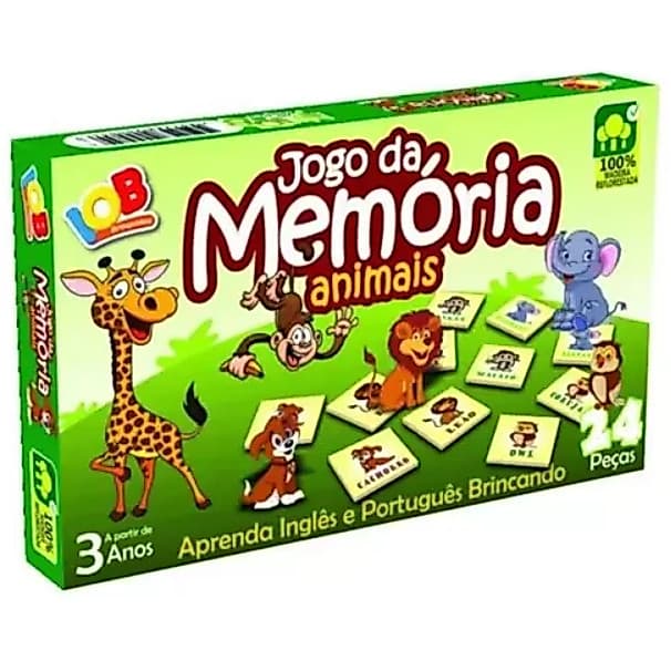 Jogo Educativo Memória Animais Inglês e Português 24 pçs IOB Brinquedo para o dia das Crianças Presente cognitivo para alfabetização Estimula o interesse pela matematica Auxilia o aprendizado de forma lúdica aprendizado Presente de Natal