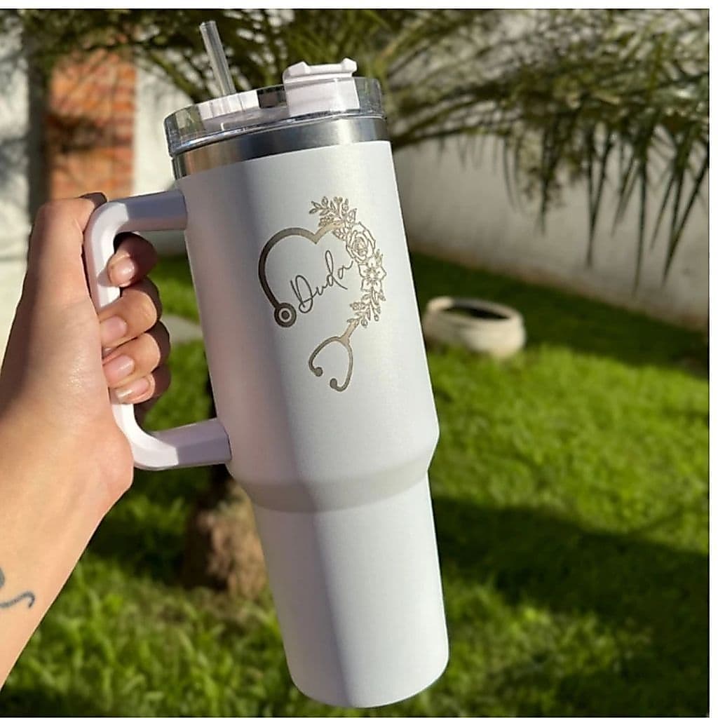 Copo Termico Com Tampa e Canudo Personalizado Branco