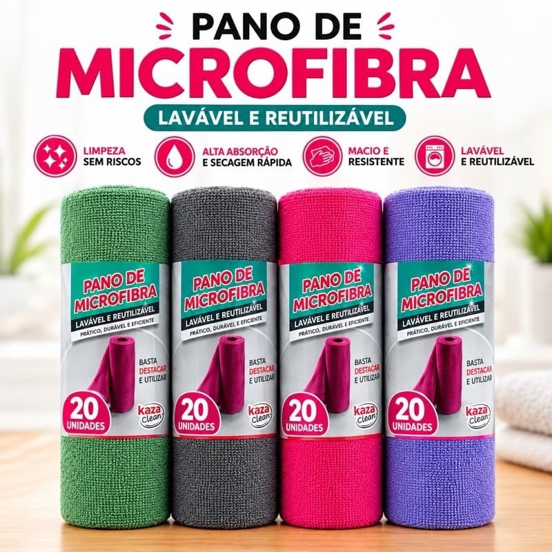 PANO DE MICROFIBRA 20un. – LAVÁVEL E REUTILIZÁVEL ✨