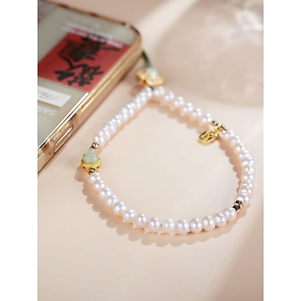 Alça de telefone de pérolas naturais de água doce para mulheres, pulseira curta, cordão de telefone vintage personalizad