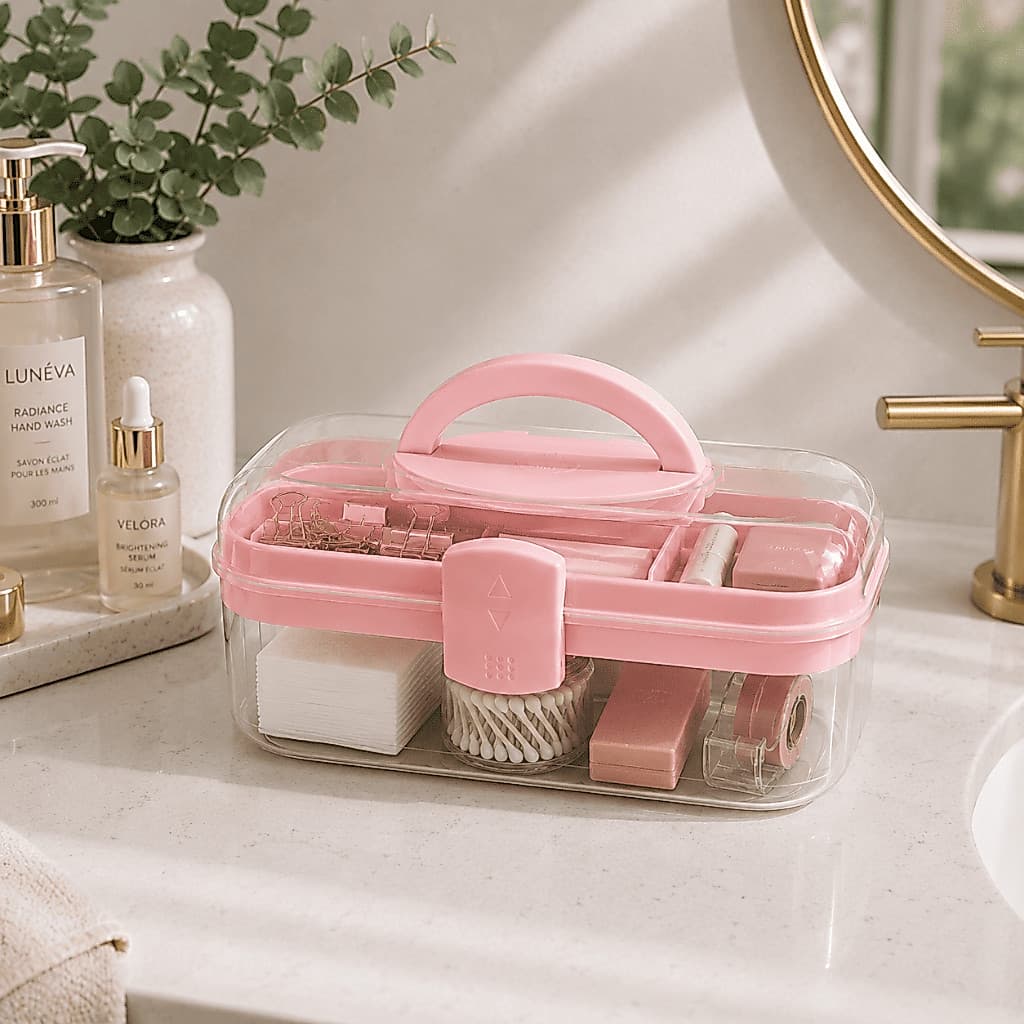 Maleta de Maquiagem Rosa Transparente Organizador Porta Cosméticos Esmaltes Pincéis com Bandeja