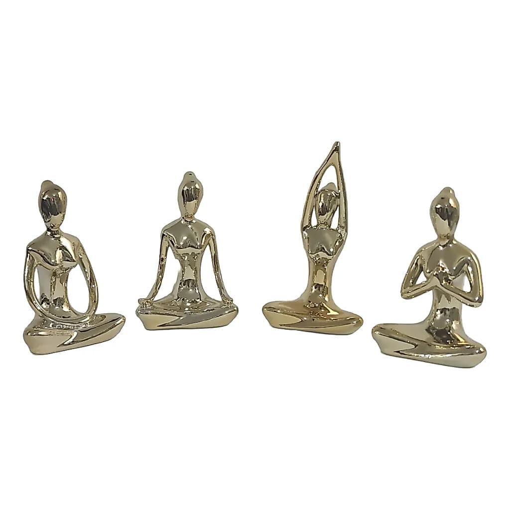 Kit 4 Estátuas Yoga Porcelana Dourada Decorativa Enfeite Mesa Sala Quarto Escritório Decoração Zen