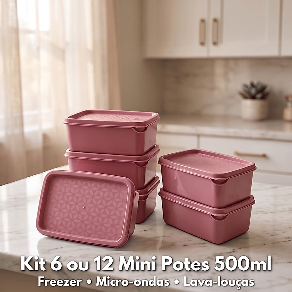 Kit 6 ou 12 MINI Potes 500ml Retangular Pote Plástico BPA Free Freezer Microondas Organizar Casa