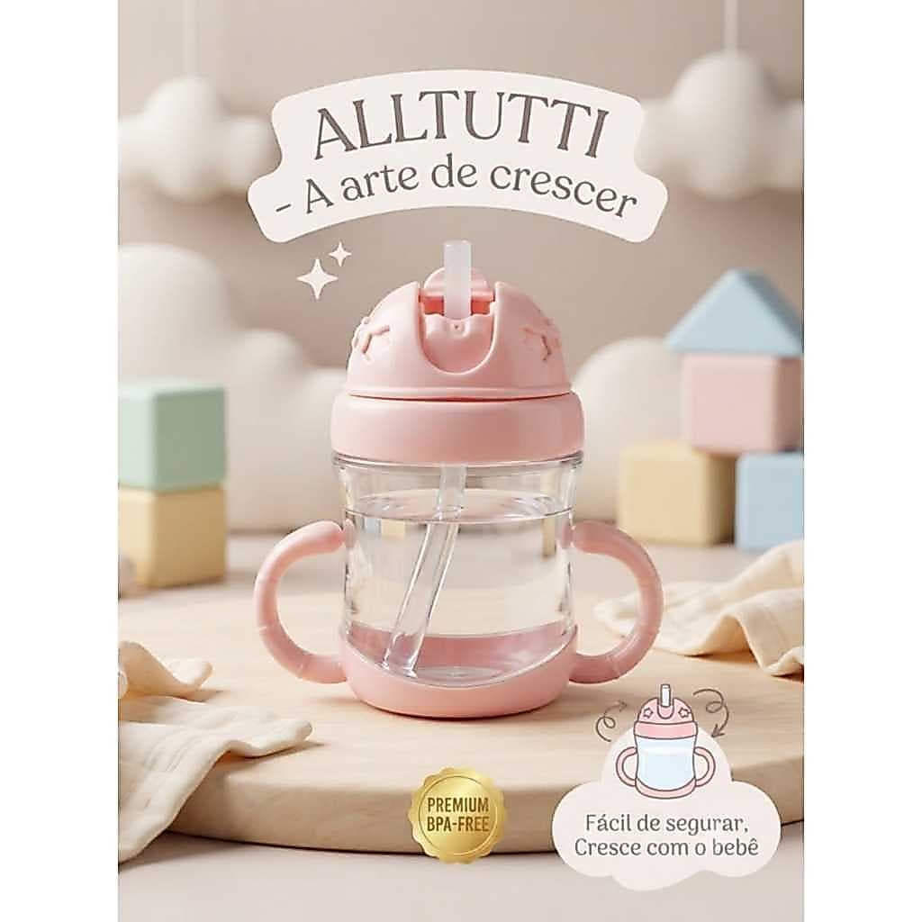 Copo Rosa Infantil Com Canudo Antivazamento 250ml Squeeze com Alça Transição Introdução Alimentar Bebê