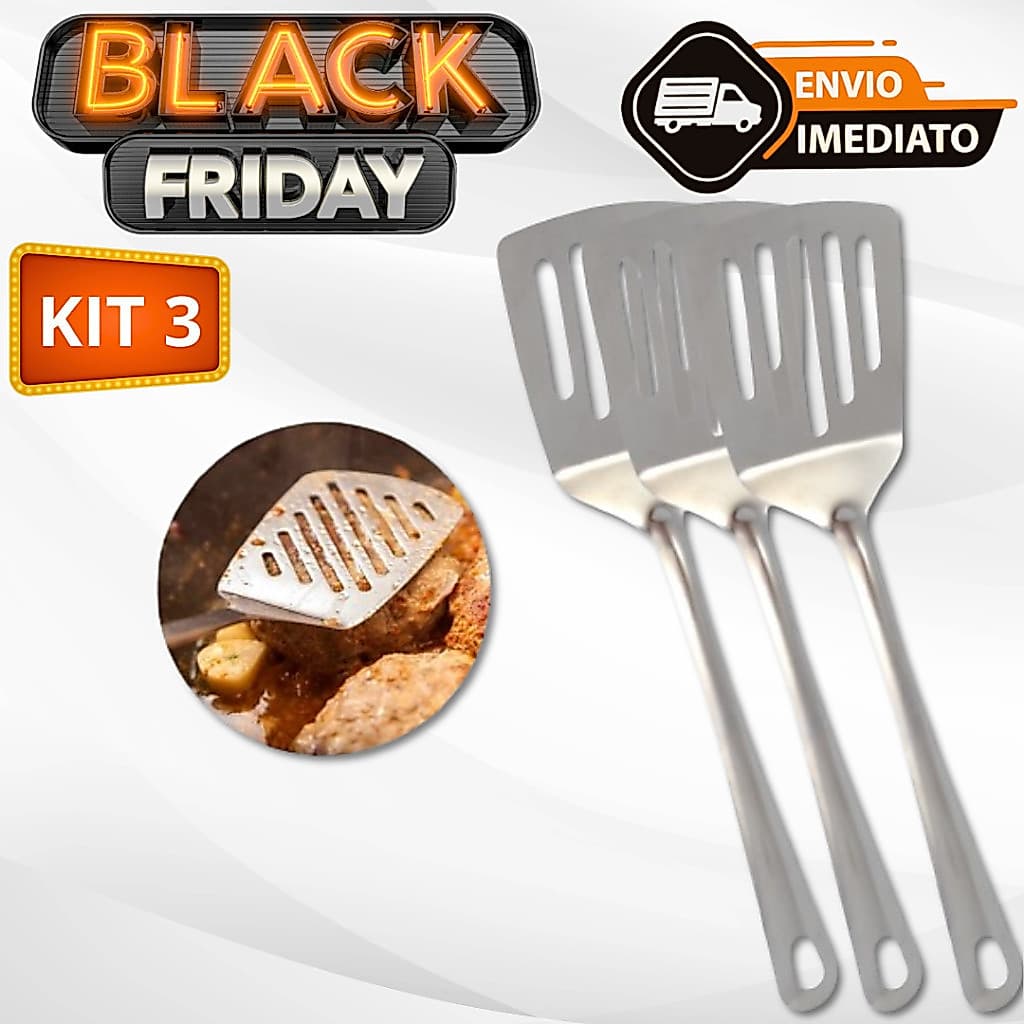 Kit 03 Espátula Vazada para Fritura Em Aço Inox 21,5cm
