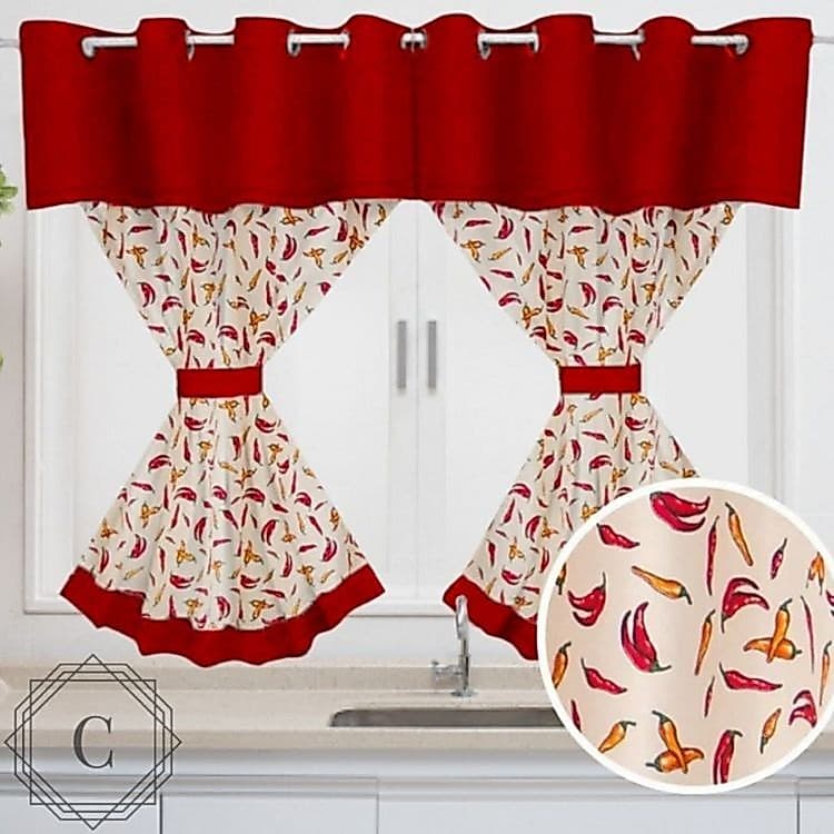 Cortina Moderna para Cozinha Janela/Casa  2,60m X 1,40m Para Varão Simples Estampada Vermelha