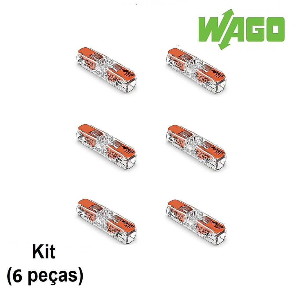Kit com 6 Conectores WAGO Linha 2 vias 4mm - 31A/450V (Reto) 221-612