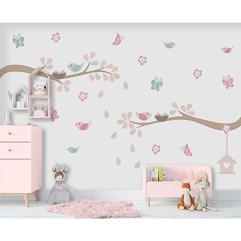 Adesivo De Parede  Decorativo Infantil Pássaros Galhos Borboletas Passarinhos Quarto Sala Menina