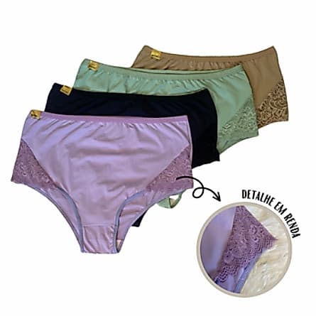 Kit 4 Calcinhas Plus Size Júlia Microfibra Renda Feminina Forro 100% Algodão Adulto Boa Elasticidade