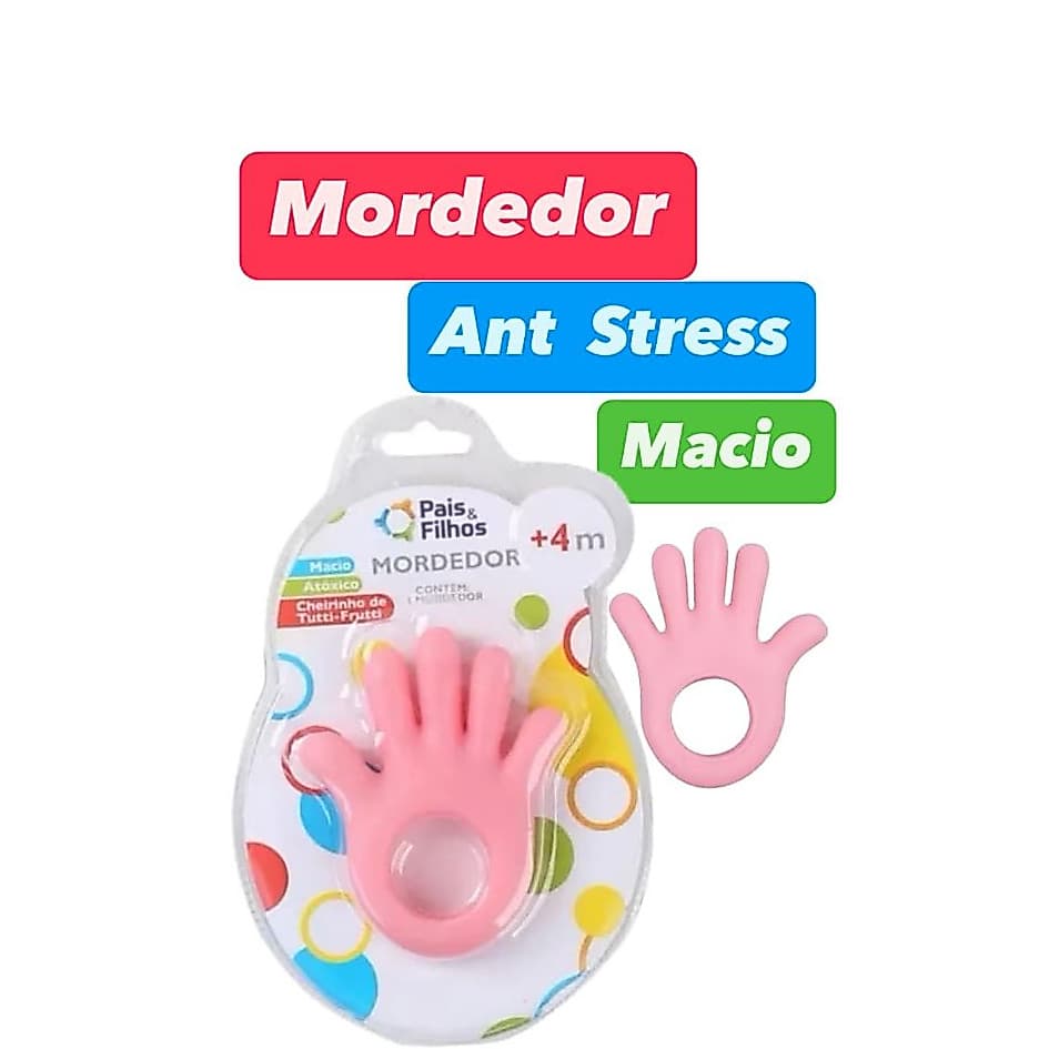 Mordedor para Bebe Mãozinha  Anti-stress Cheirinho Tutti-frutti +4m Macio Anatomico de Vinil Rosa Azul
