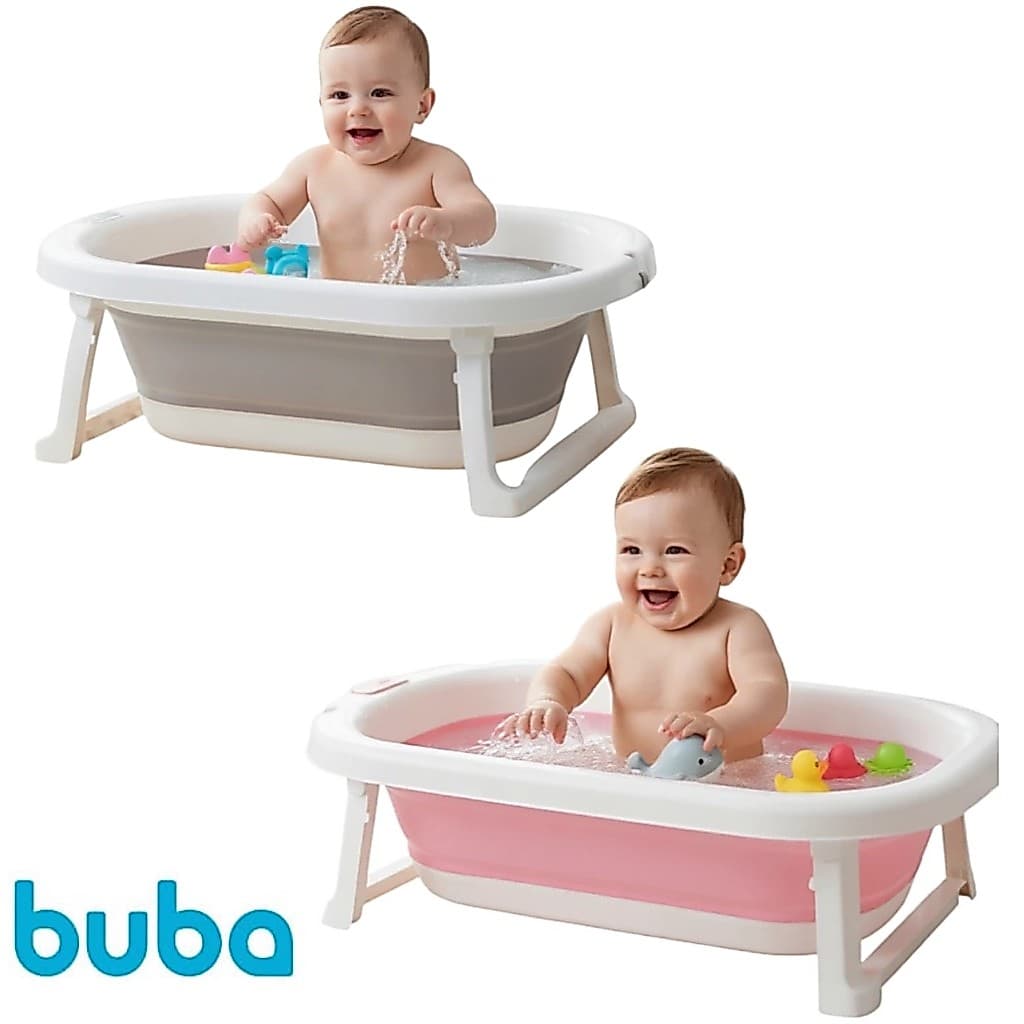 Banheira Infantil Bebê Dobrável Portátil Flexível Cinza Rosa Original Buba Crianças Banho 26 Litros