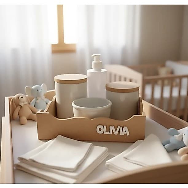 Kit Higiene Bebê Porcelana nome personalizado bandeja uni quadrada sem pintura Tampa Madeira potes