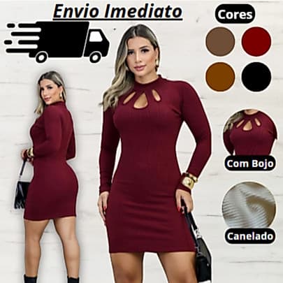 Vestido gota Gola Alta Canelado Manga Longa Blogueirinha Moderno Premium