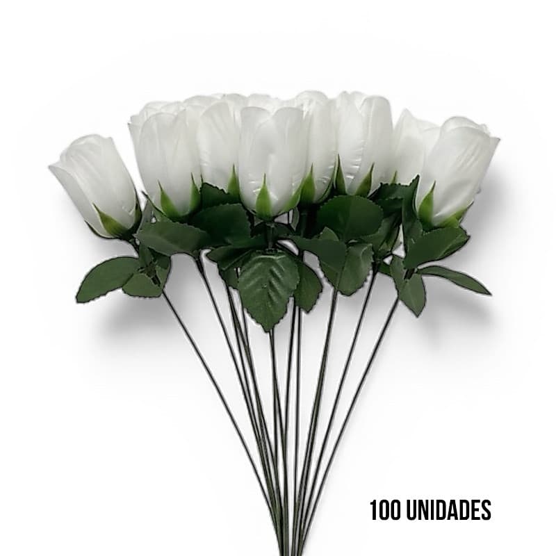 100 Botões de Rosa Artificial Branca 32cm | Kit com 100 Flores para Arranjos e Decoração