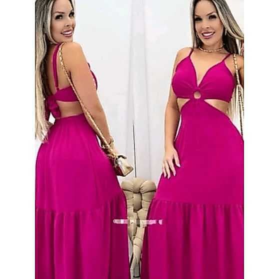 Vestido Longo Feminino Elegante De Argola Tem Bojo Forro Modelo Alcinha Regulável Moda Verão