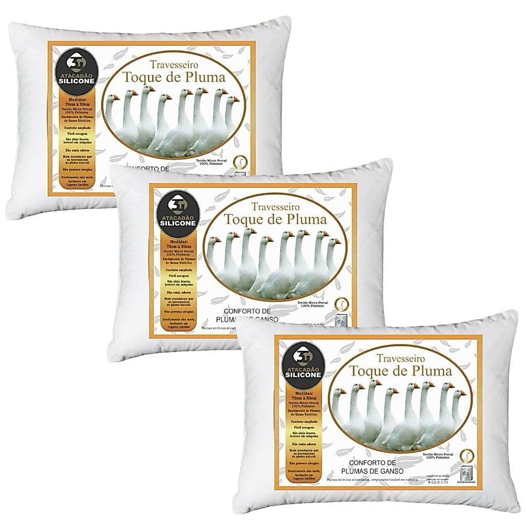 Kit 03 Travesseiros Plumas de Ganso Antialérgico 70x50cm Promoção