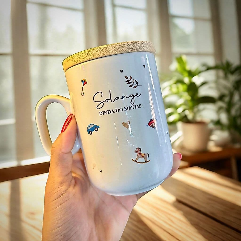 Envio Em 24HRS Caneca Personalizada Com Tampa de Bambu Presente Padrinhos Batizado