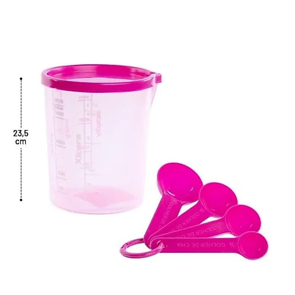 Kit Copo Medidor 400ml C/ Tampa + 04 Colheres Medida Certa