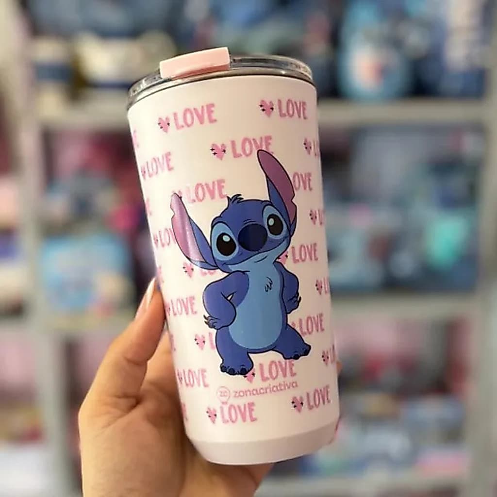 Copo Térmico Com Tampa Stitch Angel Disney Namorados Sky Zona Criativa Original Antivazamento 500ml