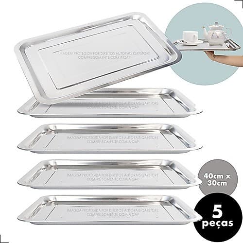 Kit 5 Bandeja Aço Inox Retangular 40x30 Rasa Restaurante