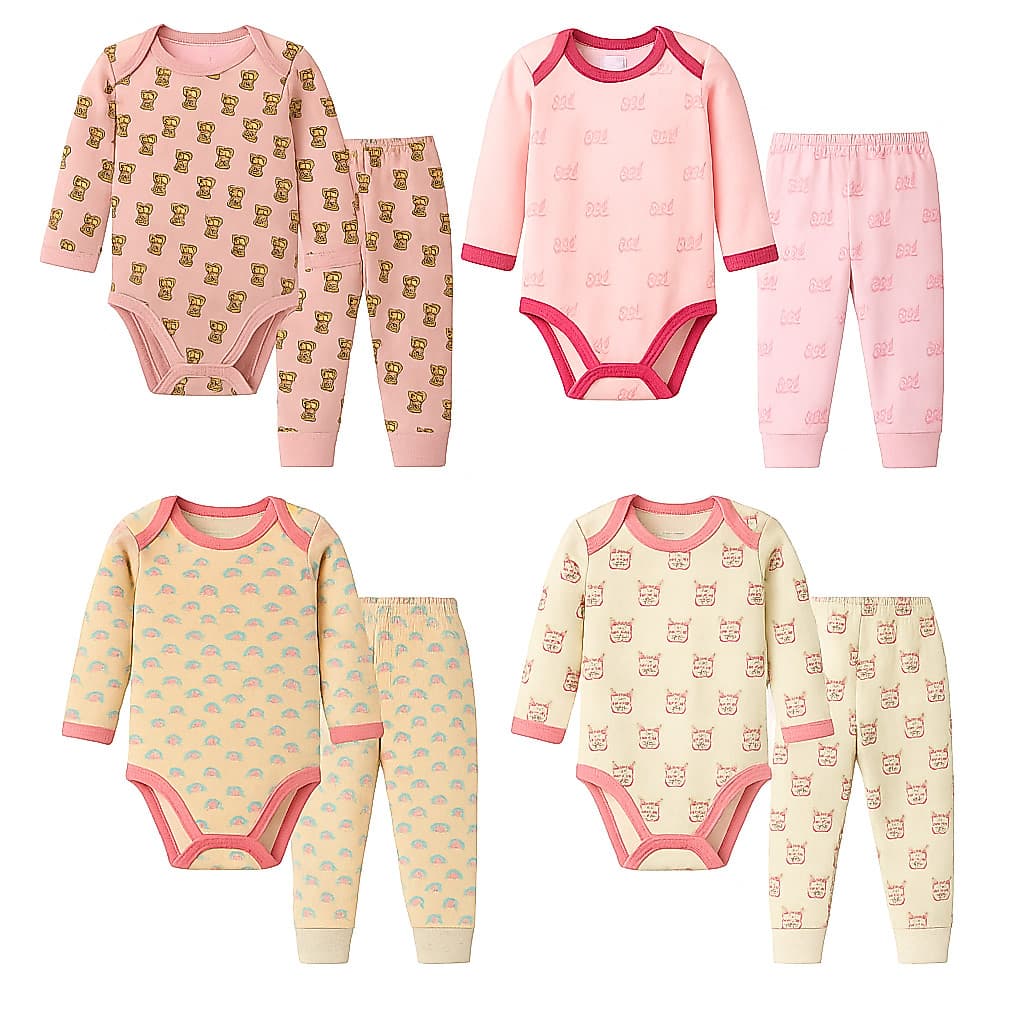 Kit 2 Conjuntos para Bebê Body Manga Longa e Calça vira pé Reversivel Sortidas Toque de Pessego