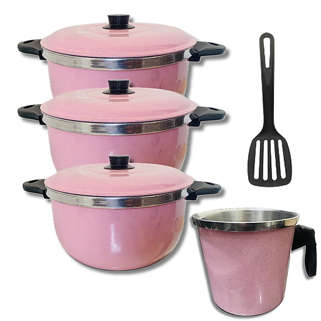 Jogo de Panelas Kit Caçarolas  Alumínio Grosso na cor Rosa 4 Peças Com Canecão 1 Espátula