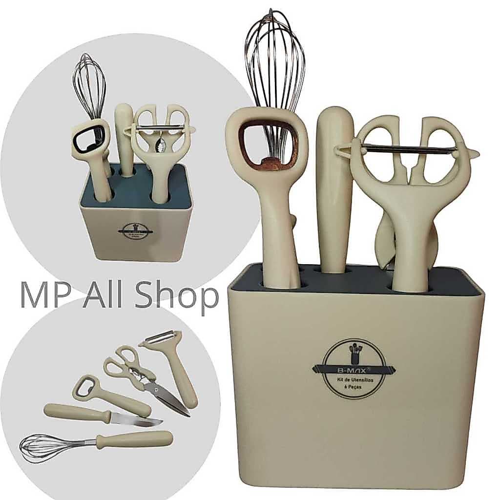 Kit Ferramentas Utensílios de Cozinha Multifuncional 5 Peças com Suporte Escorredor Completo