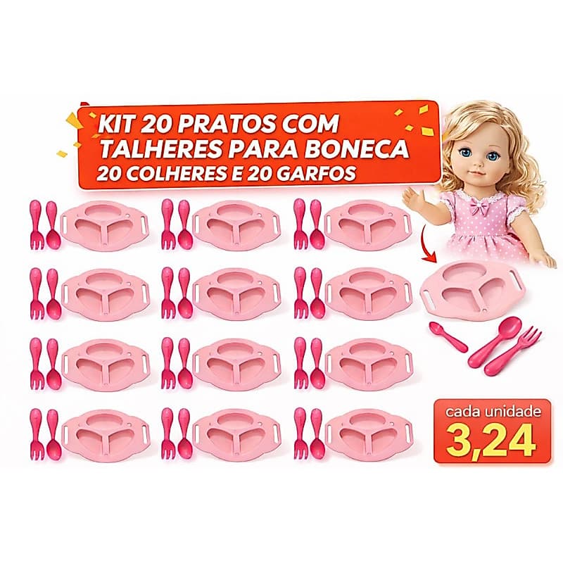 Kit 20 Pratos Papinha para Boneca + 20 Colheres e 20 Garfos | Lembrancinhas Festa Infantil