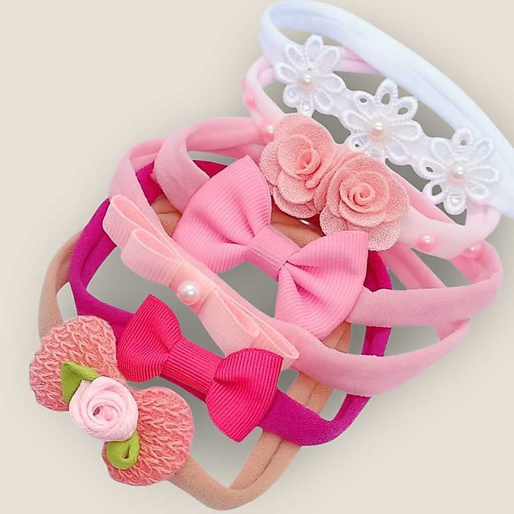 Kit 6 Lacinhos Tons Mundo Rosa Bebês RN Maternidade Tiaras