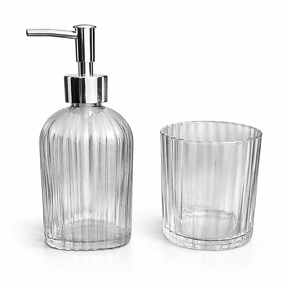 Kit Banheiro Lavabo 2 Peças Vidro Canelado Porta Sabonete Líquido e Porta Escovas