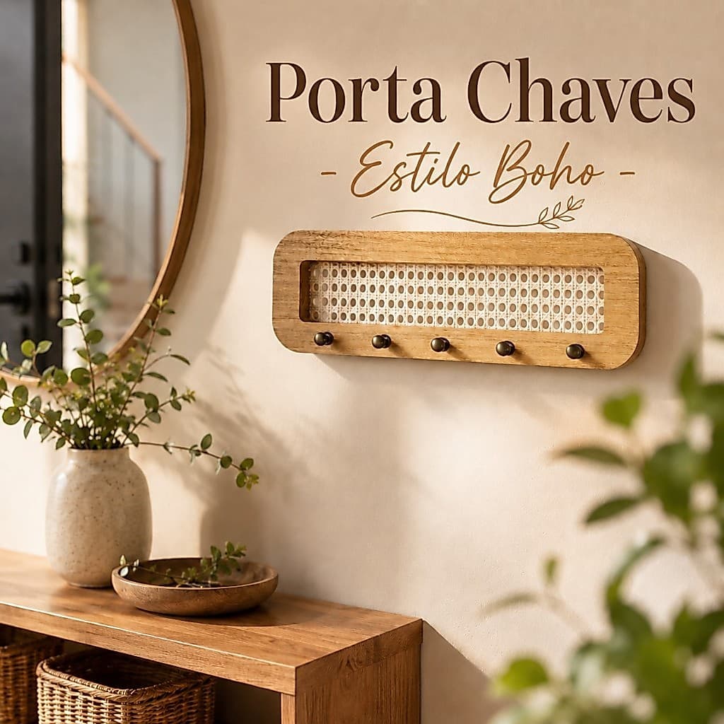 Porta Chaves Retangular Estilo Boho MDF com Palha Indiana Hall Entrada