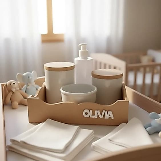 Kit Higiene Bebê Porcelana nome personalizado bandeja quadrada uni sem pintura Tampa Madeira potes