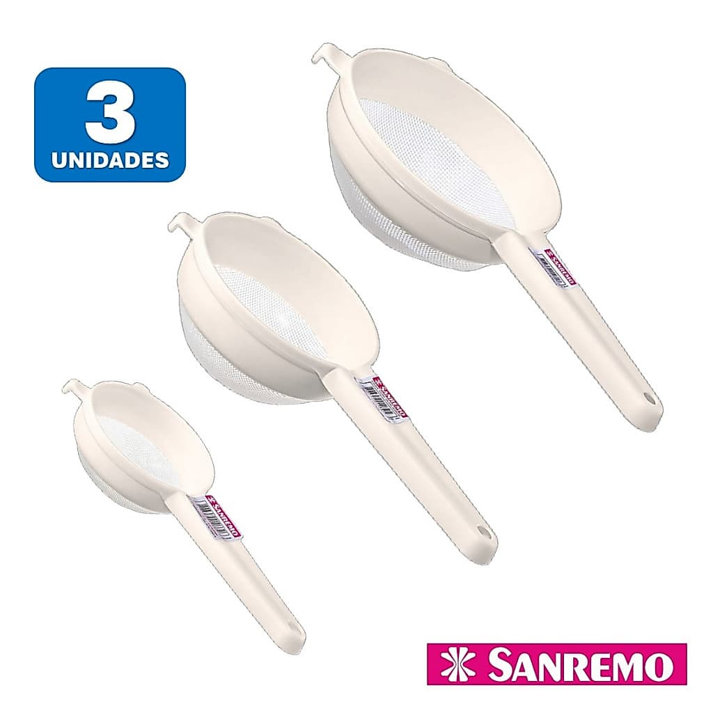 Kit 3 Peneiras de Plástico Sanremo com Tela de Nylon P M e G