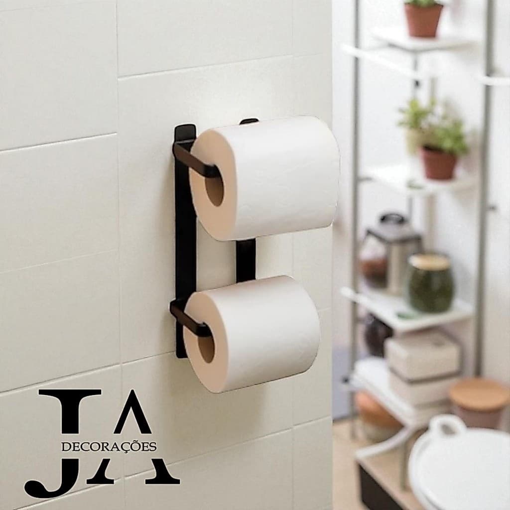 Suporte Porta Papel Higiênico Parede 2 Rolos Preto Fácil Fixação Dupla Face ou Parafusos