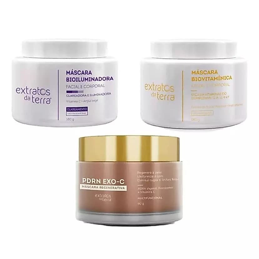 Kit 3 Máscaras Faciais Extratos da Terra PDRN EXO-C + Bioiluminadora + Biovitamínica Tratamento Profissional