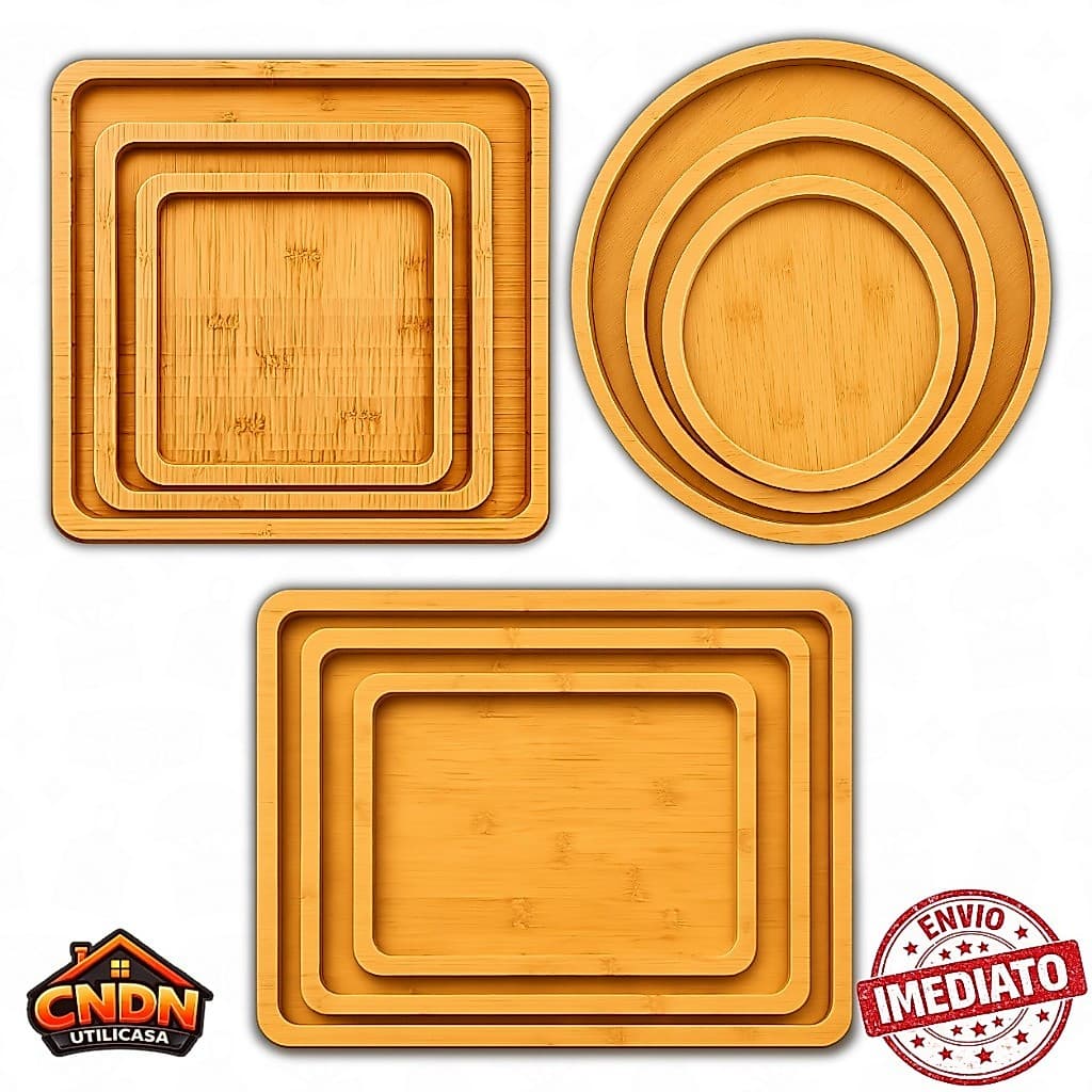 Kit 3 Petisqueira Bandeja Bambu Gourmet Servir Café da manhã e Decorar Redonda Quadrada Retangular