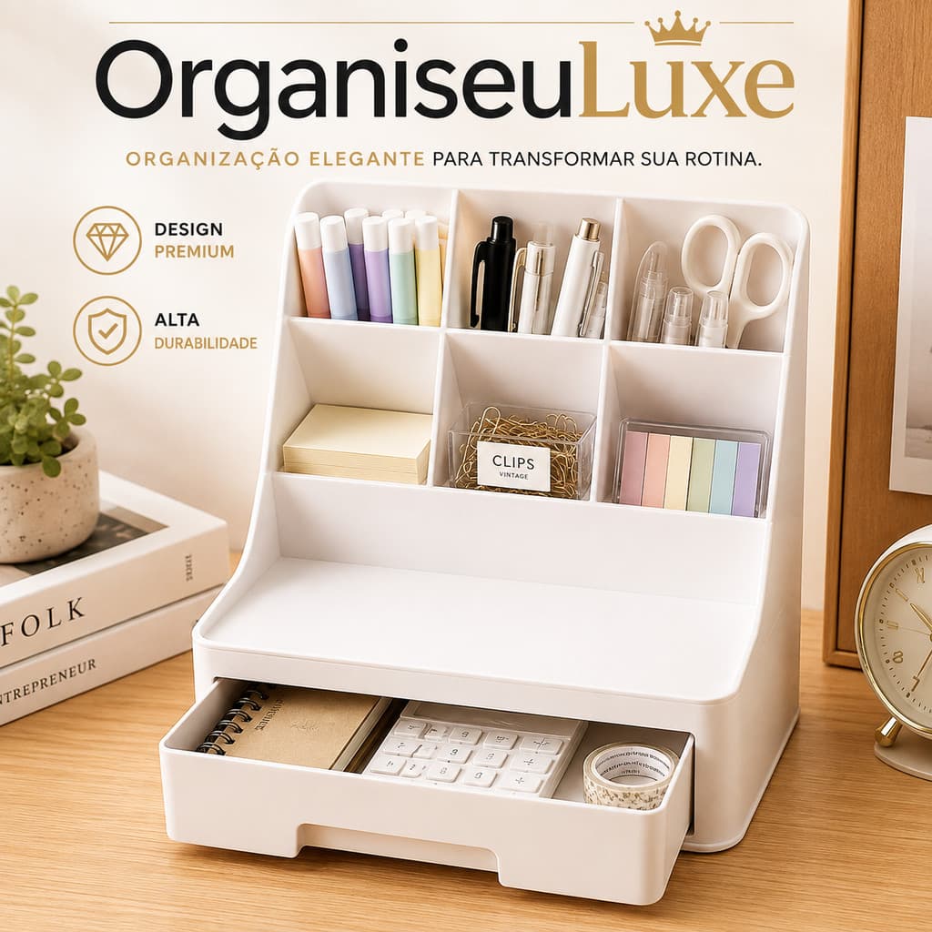 Organizador de Mesa Multifuncional com Gaveta Porta Canetas Porta Objetos 6 Compartimentos Home Office Escritório