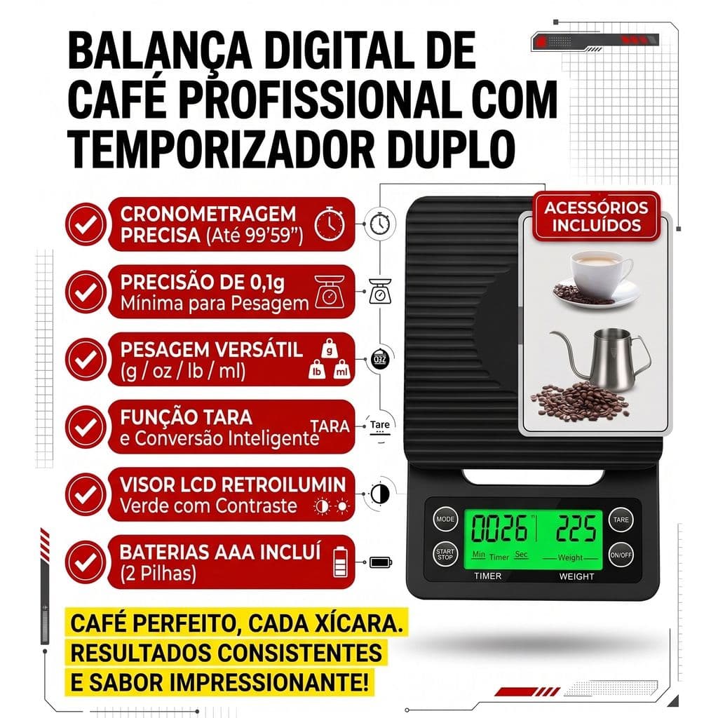 Balança Para Café Barista 5kg 0.1g Com Cronômetro Temporizador Precisão Digital